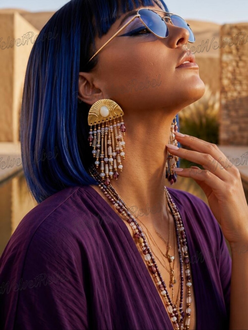 Vintage Eqygptian Revival Cleopatra Inspired Fan Beaded Gold Dangle Earrings
